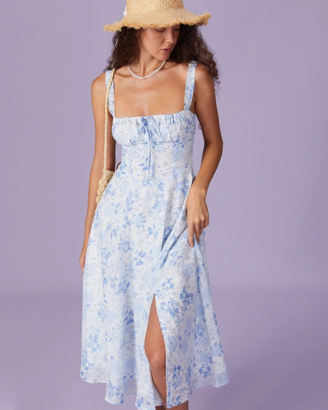 The Blue Square Neck Floral Ruched Midi Dress