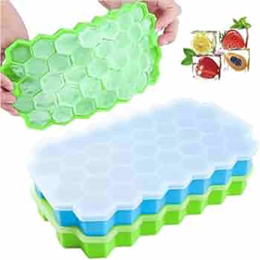 Ice Cube Trays with Lids, 2-Pack No-Spill Ice Cubes Food Grade Silicone Ice Cube Moulds, Durable, Easy-Release and BPA Free 74-Ice Cube Molds for Chilled Drinks, Whiskey & Cocktails (Green & Blue)