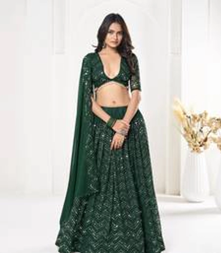 Green Georgette Designer Sequence Embroidery Work Heavy Looks Bridal Lehenga For Ceremonial Looks - KSM PRINTS - 4453539