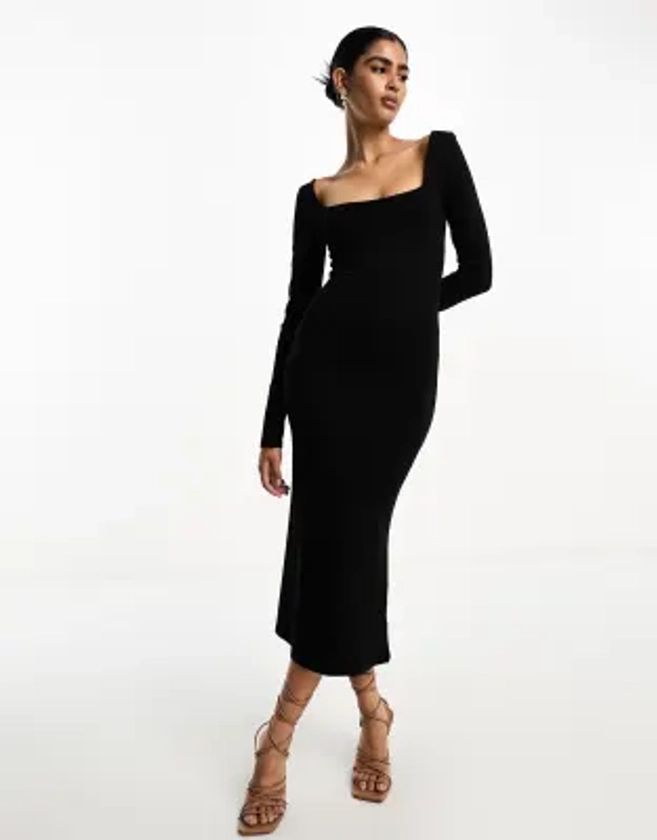 ASOS DESIGN - Robe mi-longue douce à encolure carrée et manches longues - Noir