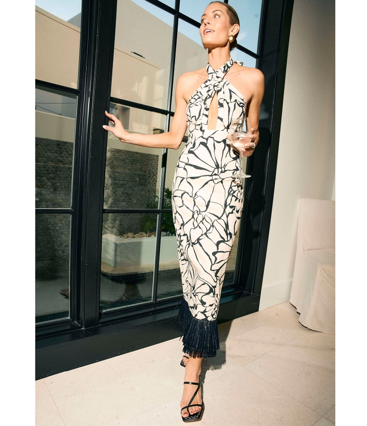 Antonio Melani x M.G. Style Sommers Halter Linen Blend Shell Print Fringe Detail Dress | Dillard's