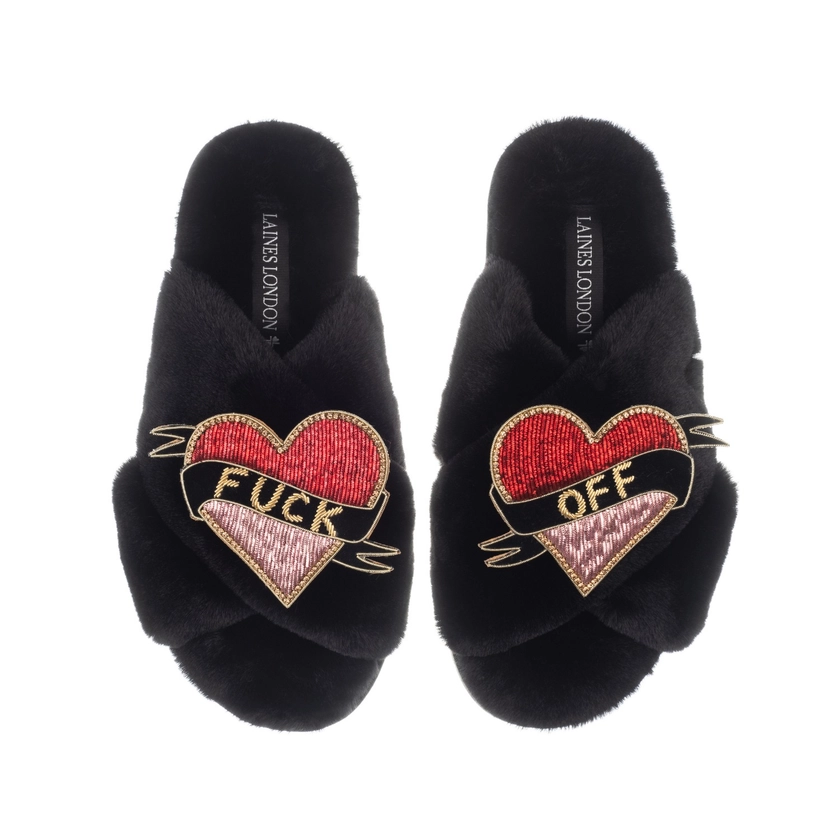 Classic Laines Slippers With Fuck Off Brooches - Black by LAINES LONDON