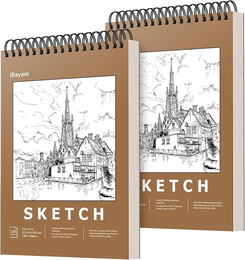 iBayam 9" x 12" Premium Sketch Book Set, 2-Pack Spiral Bound Drawing Paper, 200 Sheets (68lb/100gsm) Sketchbook, Acid-Free Art Drawing Painting Sketching Pad Supplies for Kids, Teens, Adults, Artists