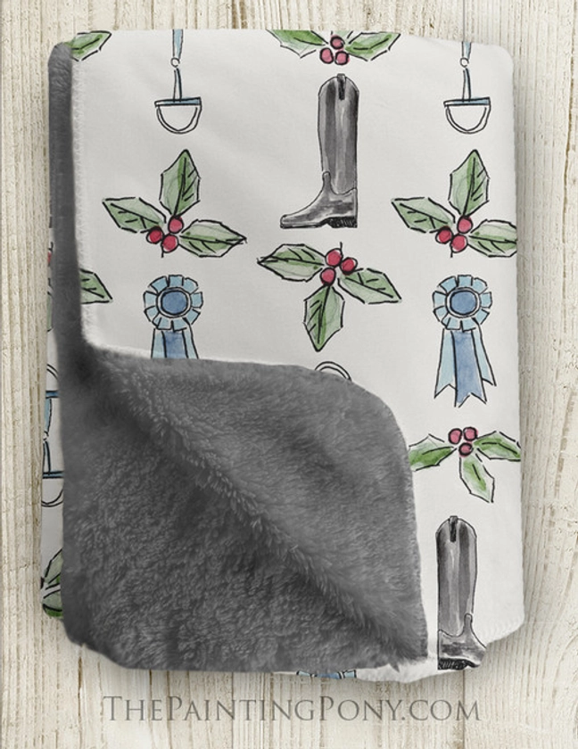 Christmas Boots and Holly Pattern Equestrian Fleece Throw Blanket