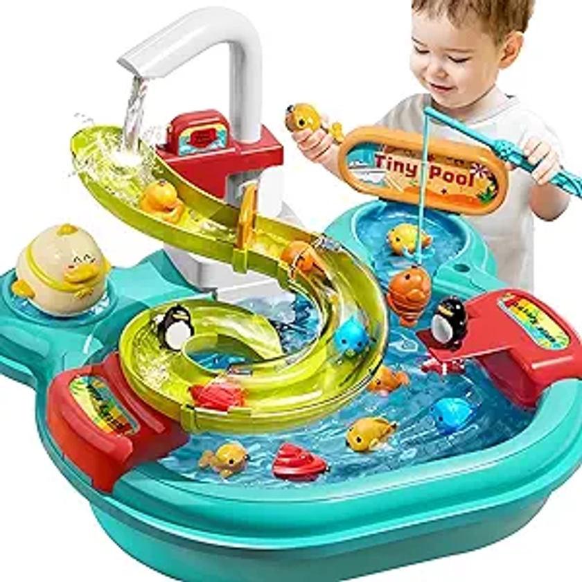 Jiakora Play Sink with Running Water, 3-in-1 Toddler Kitchen Toys, Fishing Set, Tracks, Pretend Play Kitchen Cleaning Set Dishwasher Role Play Gifts