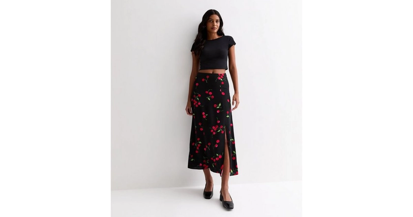 Black Cherry Print Split Hem Midi Skirt | New Look