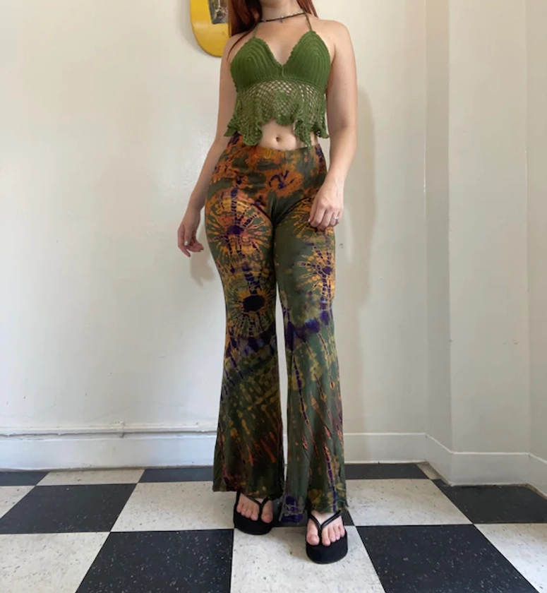 Arabella Flares in Green, Tie Dye Bell Bottoms, Boho Pants, Hippie Pants, Comfy Pants