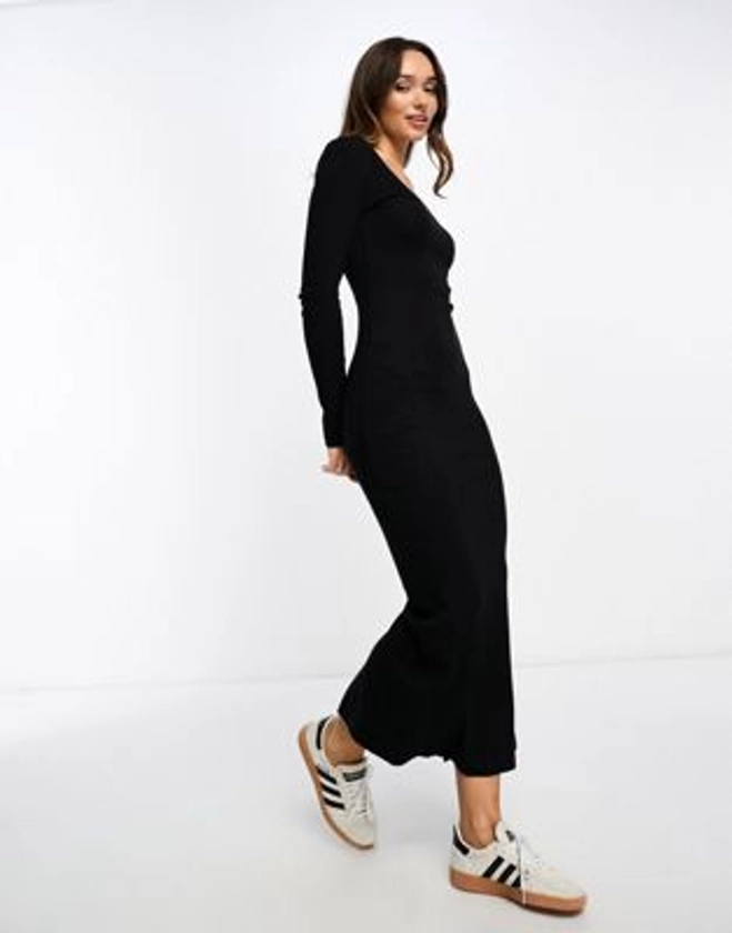 ASOS DESIGN - Robe longue côtelée à manches longues et encolure dégagée - Noir | ASOS