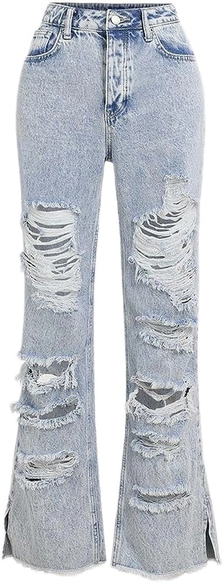 Flamingals Stretchy Straight Leg Mid Waist Distressed Frayed Split Hem Jeans for Women
