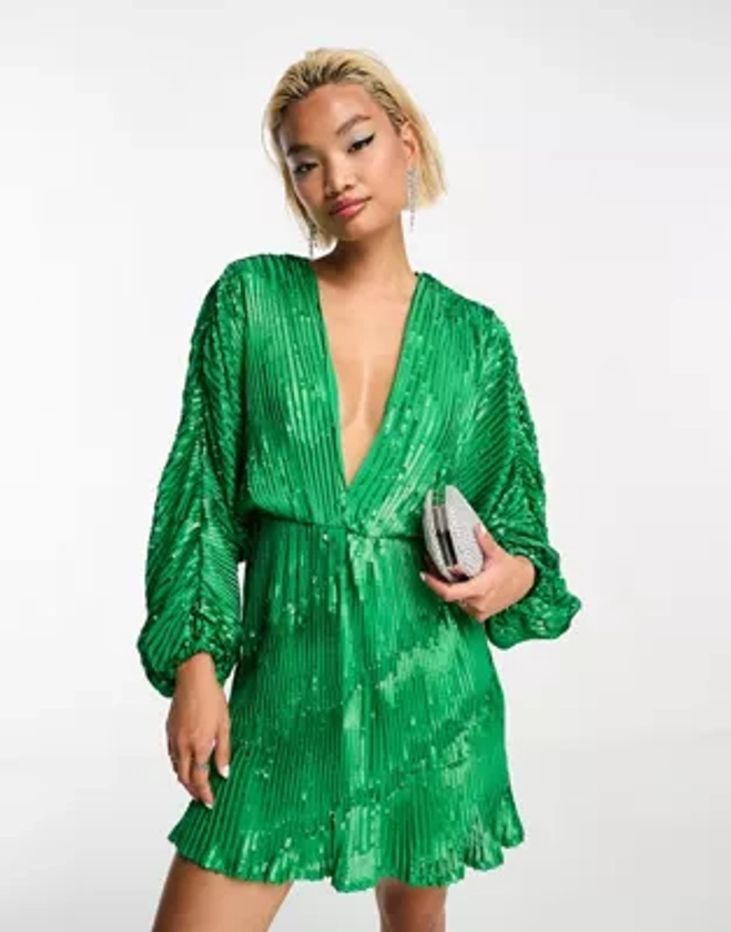 ASOS DESIGN embellishment mini dress in green with blouson sleeve | ASOS