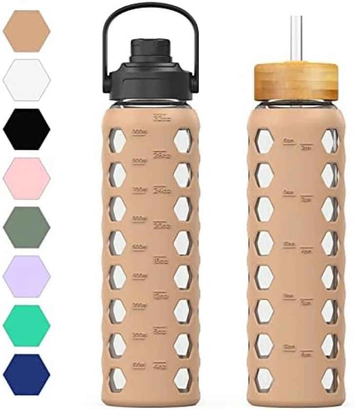MUKOKO 24oz Glass Water Bottle with 2 Lids-Handle Flip Lid&Bamboo Straw Lid,Motivational Water Tumbler with Time Marker Reminder and Silicone Sleeve, Leakproof-Amber