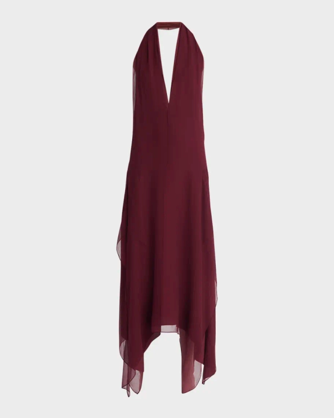 Ferragamo Plunging Halter Chiffon Midi Dress