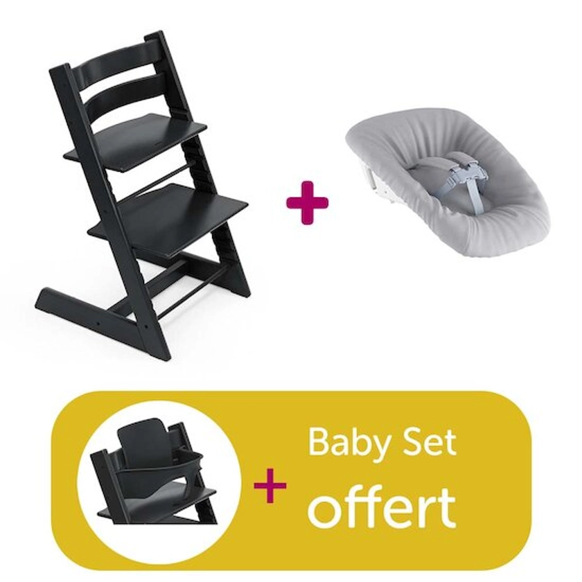 Chaise haute Tripp Trapp Black + set nouveau-né Gris = Baby Set noir offert