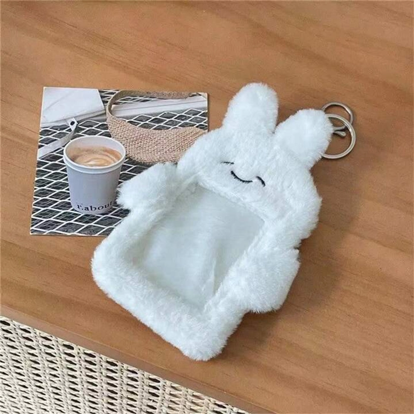 Llavero De Conejito De Peluche Blanco Bonito Para Sostener Tarjetas Y Protección De Fotos De 3 Pulgadas