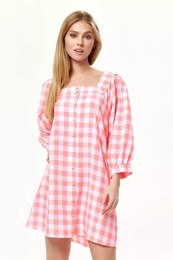 Dresses | Pink Gingham Puff Sleeve Dress | Liquorish