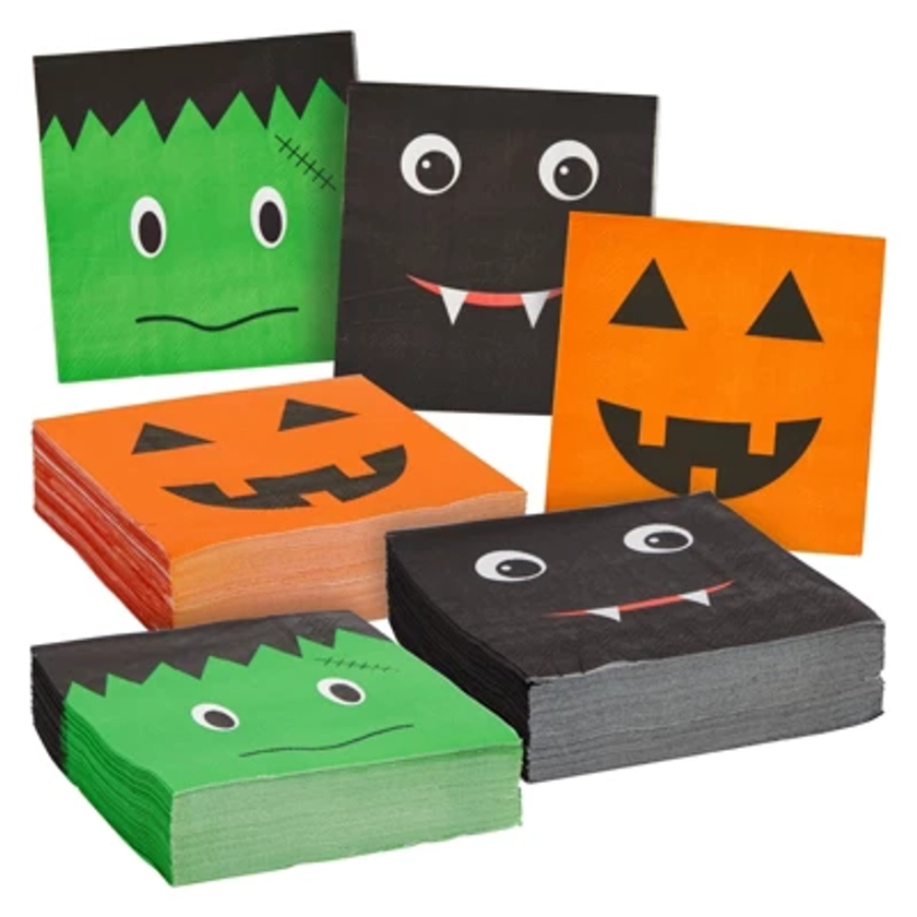 Blue Panda 150 Pack Halloween Paper Napkins Party Supplies, Jack-O-Lantern, Bat, and Frankenstein Design, 5 x 5 In