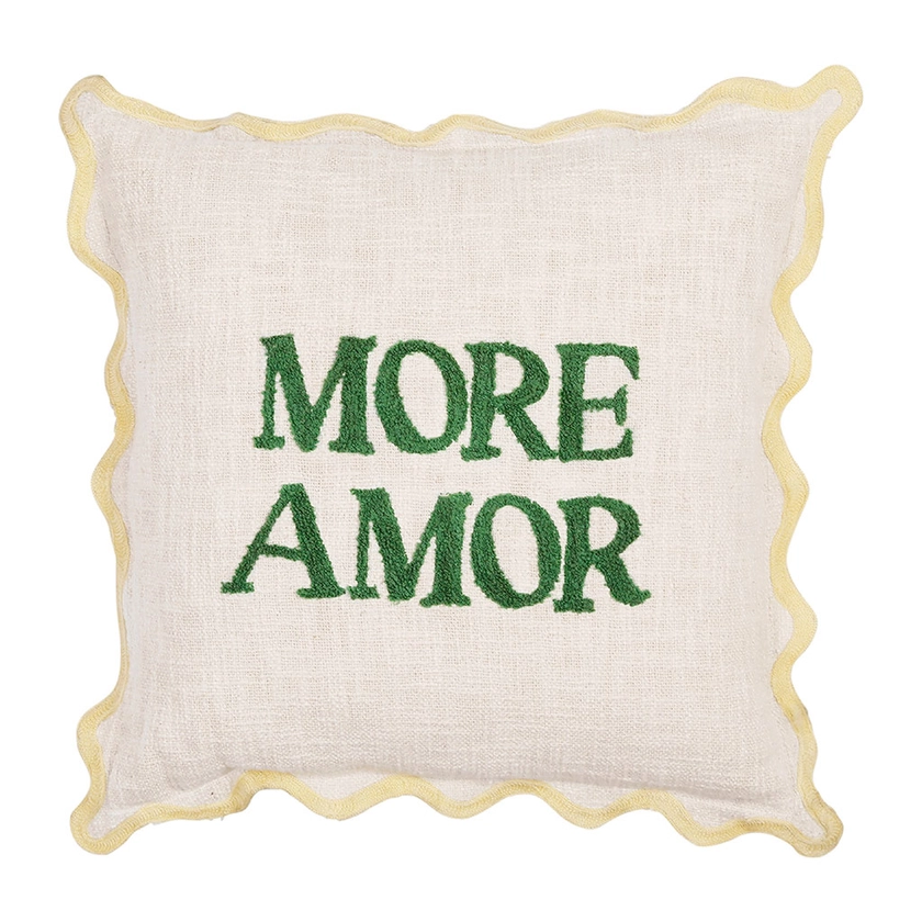 Housse de coussin brodé " More Amor"' en coton écru et vert 45x45cm - Lumi