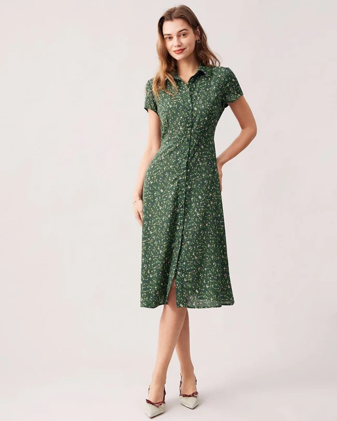 The Green Lapel Button Up Floral Midi Dress - Green Dress With Buttons Down The Front, Short Sleeve Casual Dress - Green - Dresses | RIHOAS