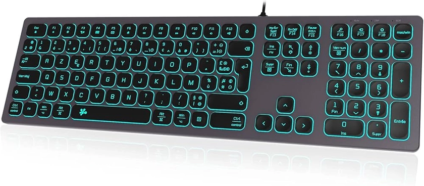 B.FRIENDIT Clavier rétroéclairé Filaire Slim – avec boîtier en Aluminium, Pavé numérique et éclairage RGB - Connextion USB pour Apple iMac, Macbook, Mac and PC - Layout AZERTY - Gris