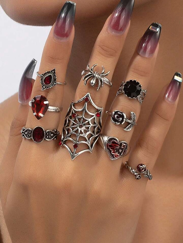 9 Pcs Dark Red Rose Spider Net Victoria Vampire Goth Gothic Stacked Rings Set for Women