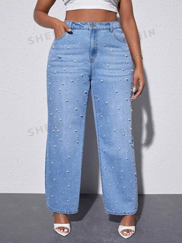 SHEIN Plus Jean Taille Haute À Perles Ample