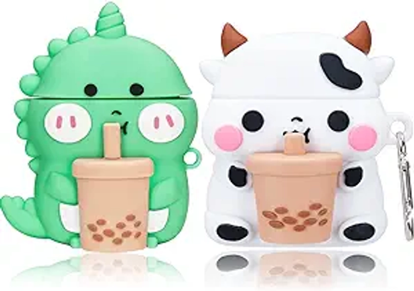 2 Pack for AirPods 2&1 Gen Case Cover, 3D Cute Funny Cartoon Boba Tea Cows & Boba Tea Dinosaurs Shape Apple Airpod Case Soft Silicone Skin with Keychain for Girls Boys Kids Teens (Cow+Dino)