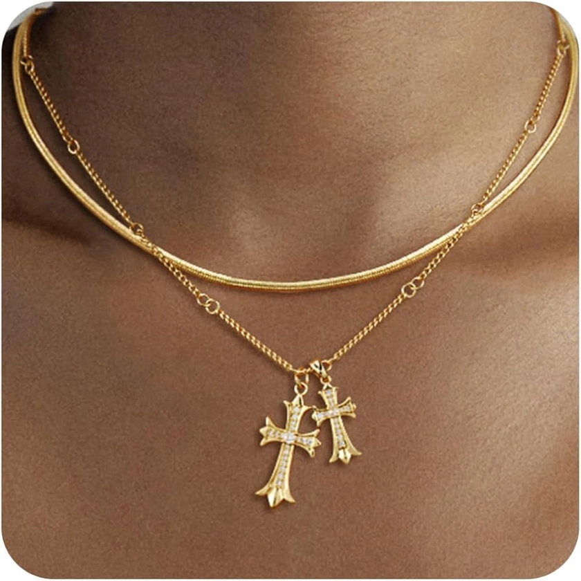 Cross Necklace 14K Gold Plated Layered Double Cross Pendant Necklace Dainty Diamond Cross Charm Link Chain Stackable Stack Choker Delicate Faith Jewelry Religious