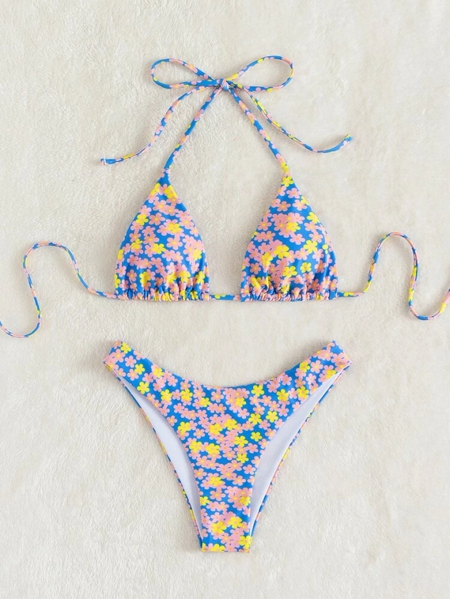 Ditsy Floral Halter Triangle Bikini Swimsuit | SHEIN USA