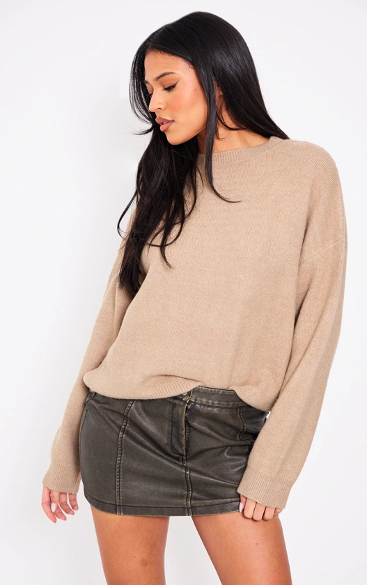 Tall Camel Knitted Crew Neck Jumper | Tall