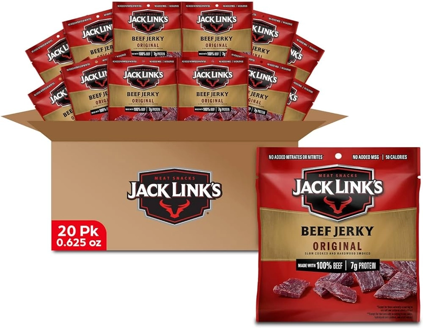 Jack Link's Beef Jerky, Original, Multipack Bags – Flavorful Meat Snacks for Lunches, Ready to Eat, Individual Packs - 7g of Protein, Made with 100% Beef – 0.625 oz (Pack of 20)