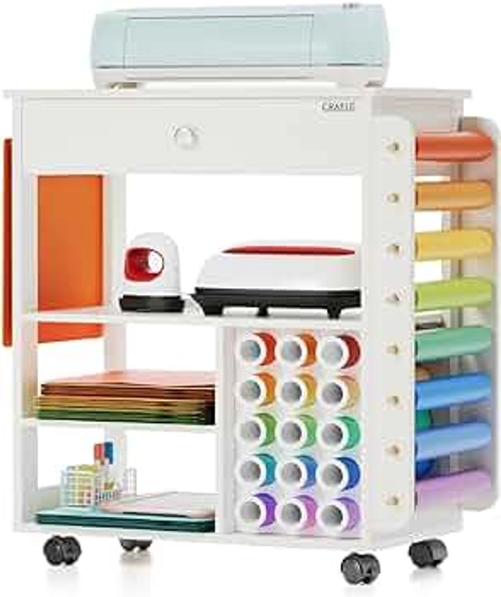 𝐂𝐫𝐚𝐟𝐢𝐭 Craft Cart Organizer Table Compatible with Cricut Rolling Organization and Storage with Vinyl Roll Holder, Crafting Cabinet Workstation Tool Accessories Holder for Craft Room (Patented)