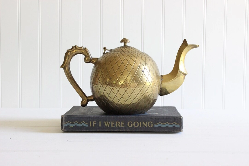 Vintage Brass Pineapple Teapot, Unique Mid Century Kitchen Decor