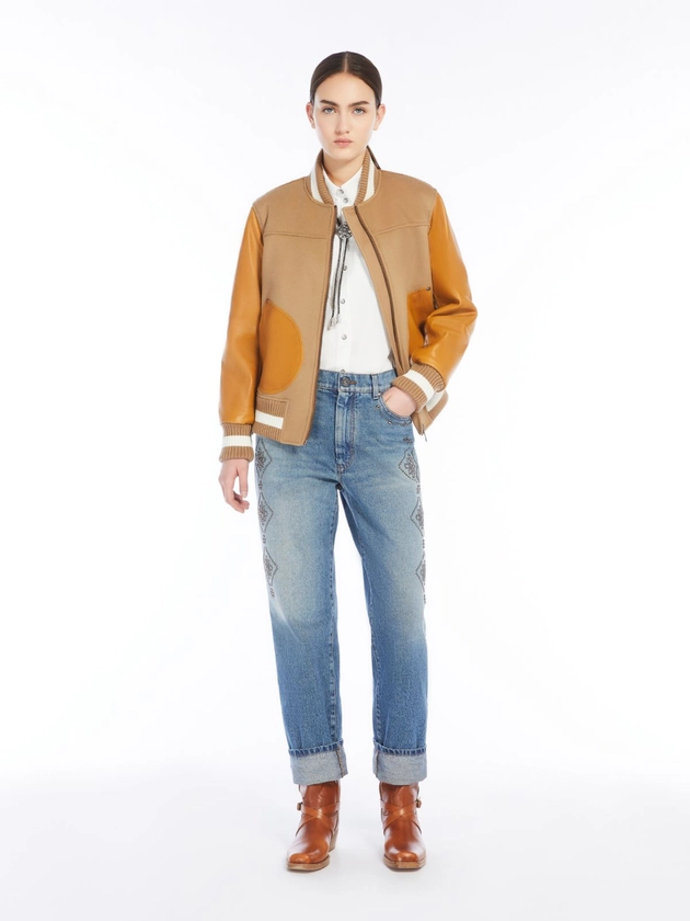 Wool, velvet and leather bomber jacket, camel | Weekend Max Mara 