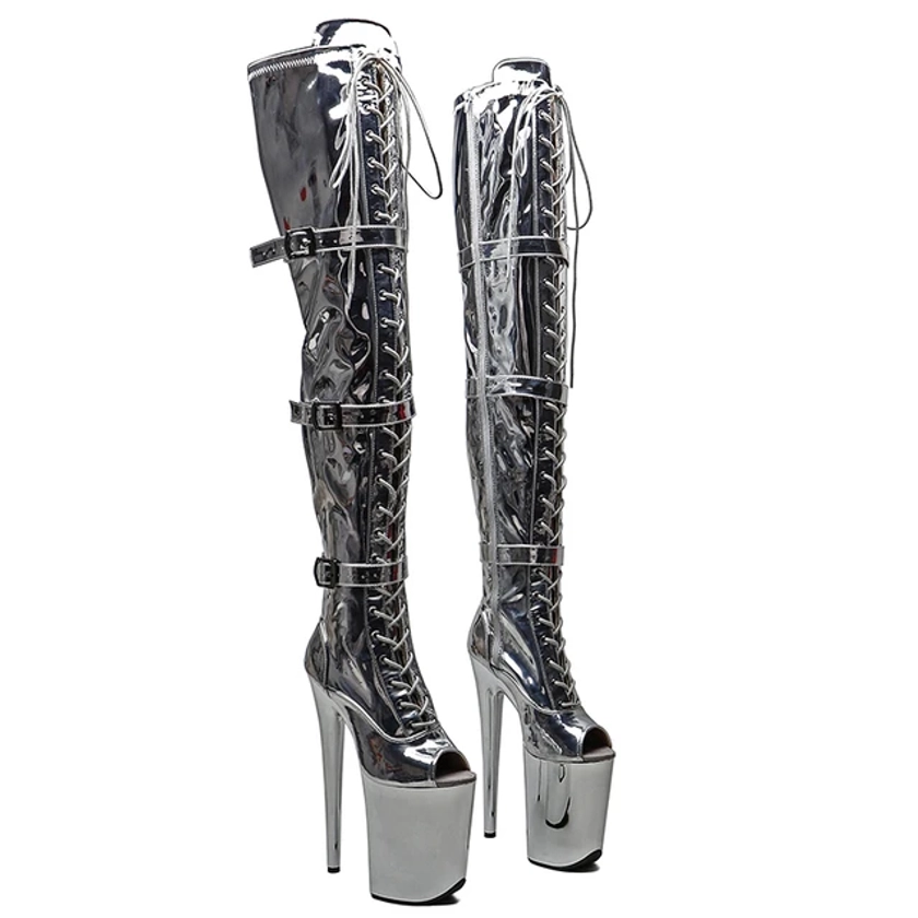 Leecabe 23CM/9inches Shiny PU open toe fashion lady High Heel platform Pole Dance boots
