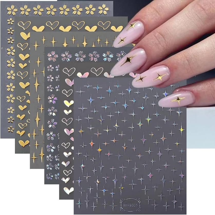 6 Sheets Heart Flowers Star Nail Stickers for Nail Art, Laser Silver Gold Star Flower Nail Decals 3D Self-Adhesive Nail Art Stickers Glitter Star Nail Art Design Decorations for Women DIY Nails Tip