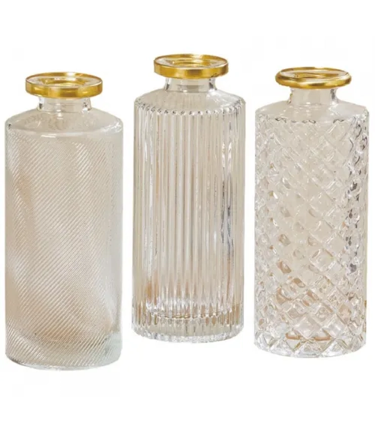 Set de 3 vases verre transparent et doré H13cm | Maisons du Monde