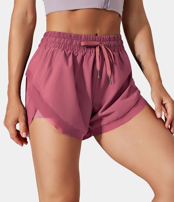 Mid Rise Drawstring Contrast Mesh 2-in-1 Flowy Running Shorts 3''