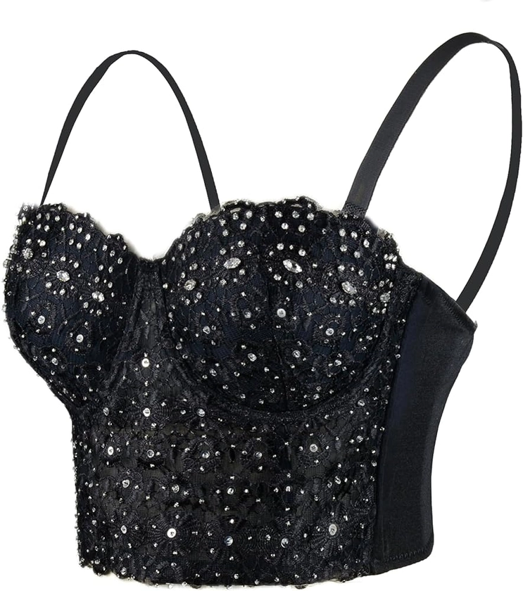 ELLACCI Women's Natural Reigning Lace Rhinestone Bustier Crop Top Sexy Mesh Corset Top Bra