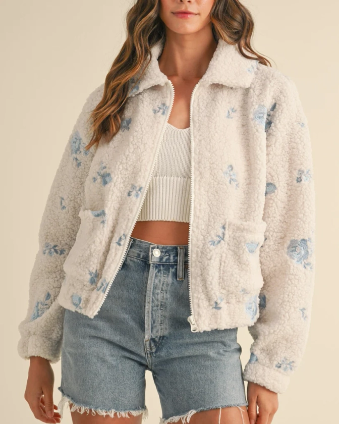 Floral Embroidered Fleece Teddy Jacket - Cream