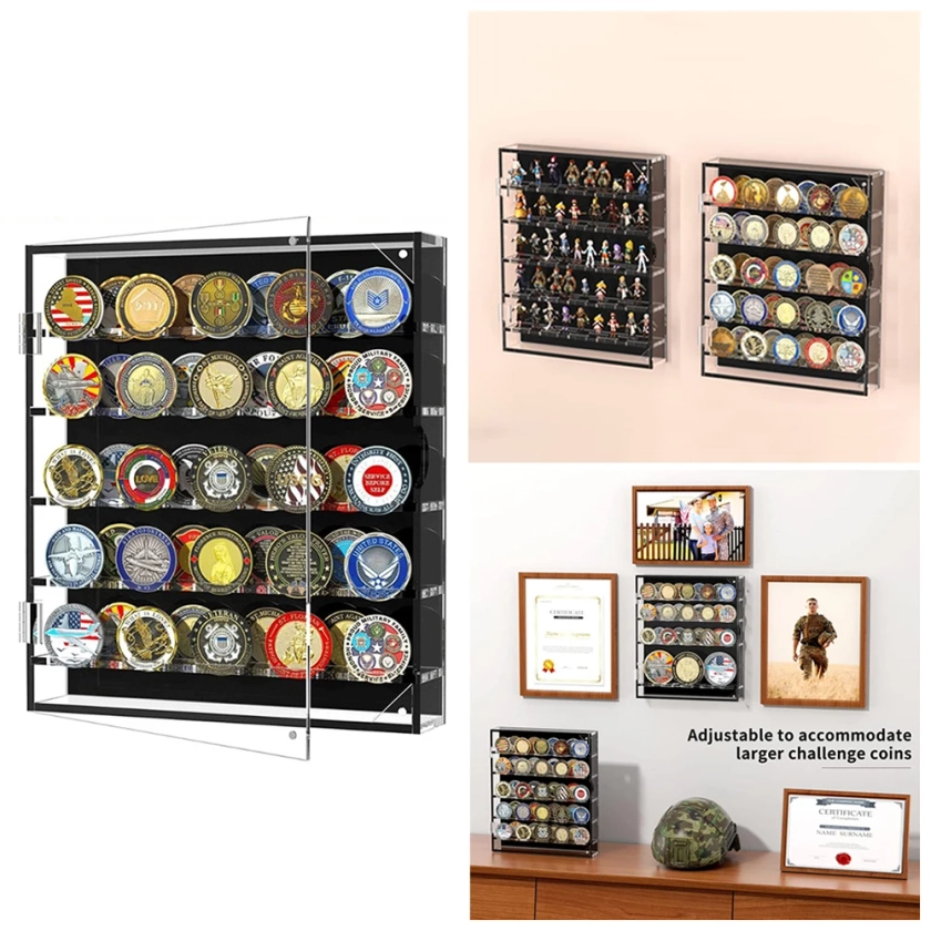 Acrylic Coin Holder Challenge Coin Badges Display Case 45 Military Medals Shadow Box Display Cabinet Dustproof Storage Box