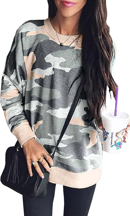 ECOWISH Women Side Split Sweatshirt: Fall Crewneck Long Sleeve Oversized Camo Shirts Casual Camouflage Print Pullover Tops