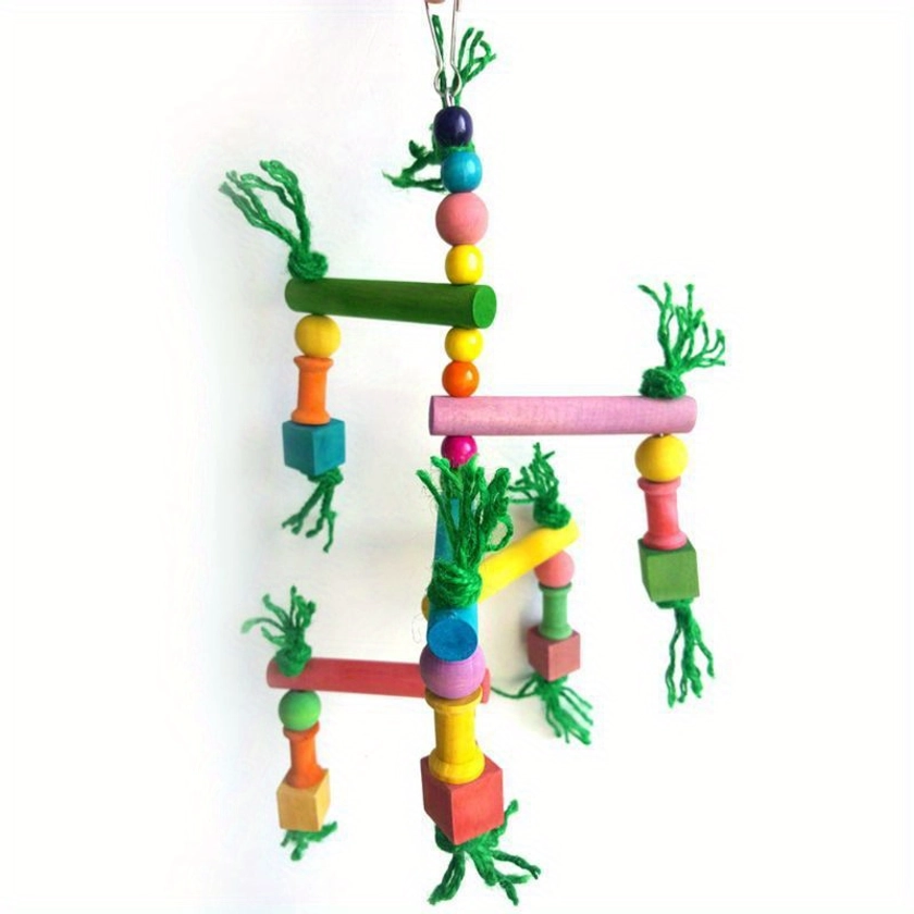 Colorful Wooden Parrot Perch Stand Toy, Hanging Bird Toy With Beads & Bell For Cage Decor