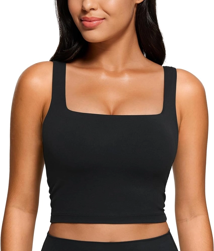 CRZ YOGA Butterluxe Womens Square Neck Longline Sports Bra - Workout Crop Tank Tops Padded with Built in Shelf Yoga Bra
