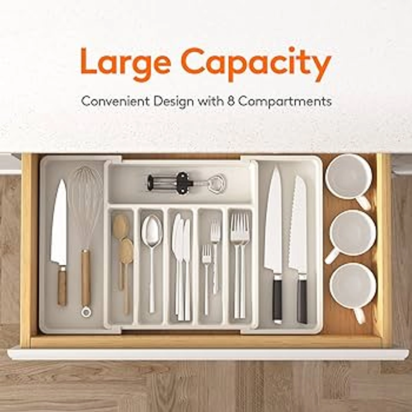 Lifewit Silverware Drawer Organizer, Expandable Utensil Tray for Kitchen, BPA Free Flatware and Cutlery Holder, Adjustable Plastic Storage for Spoons Forks Knives, Large, White