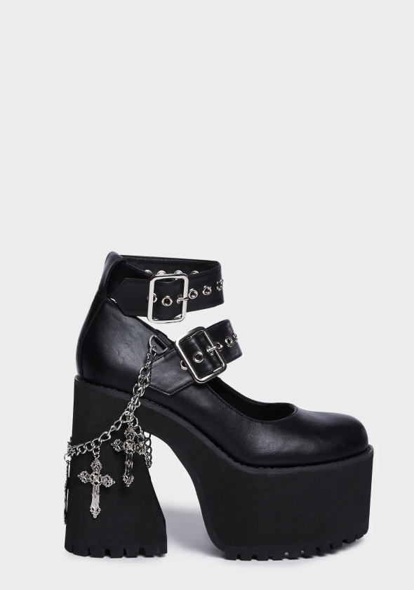 Widow Platform Double Strap Mary Janes With Chains And Crosses - Black