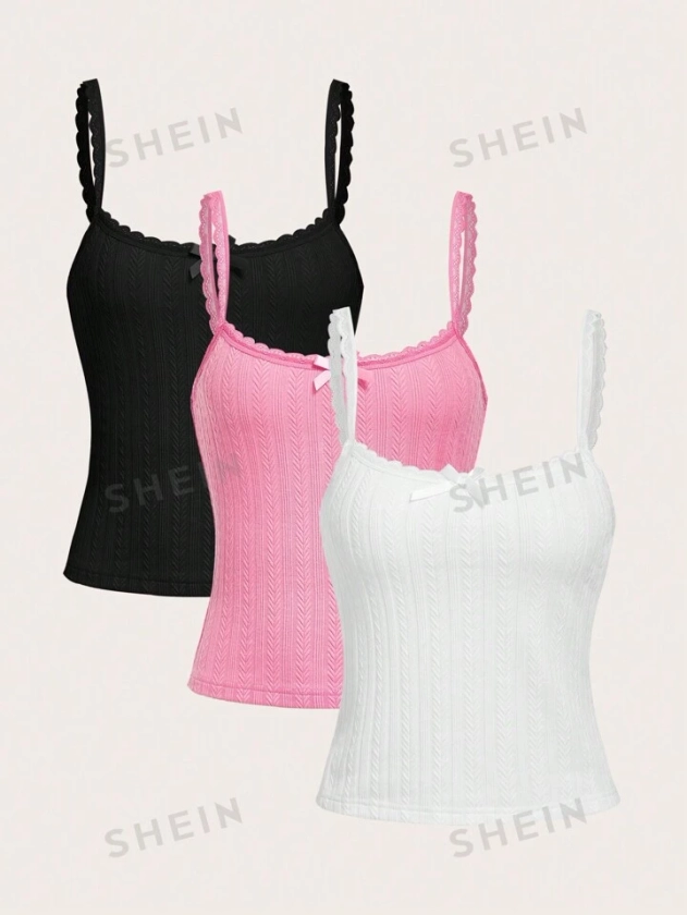SHEIN EZwear Women's Color Block & Solid Color Bowknot Decor Strap Tank Top | SHEIN USA