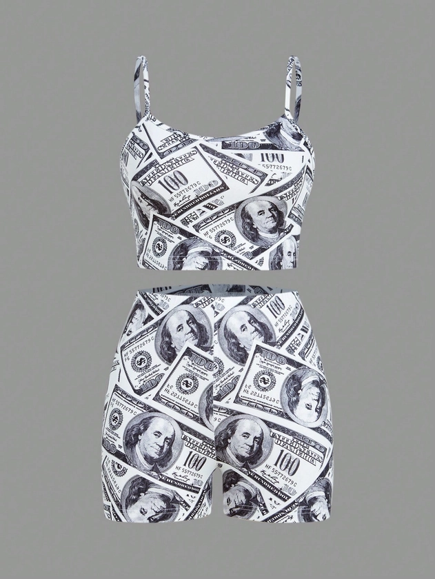 SHEIN EZwear Women's Dollar Pattern Round Neck Cami And Shorts Set