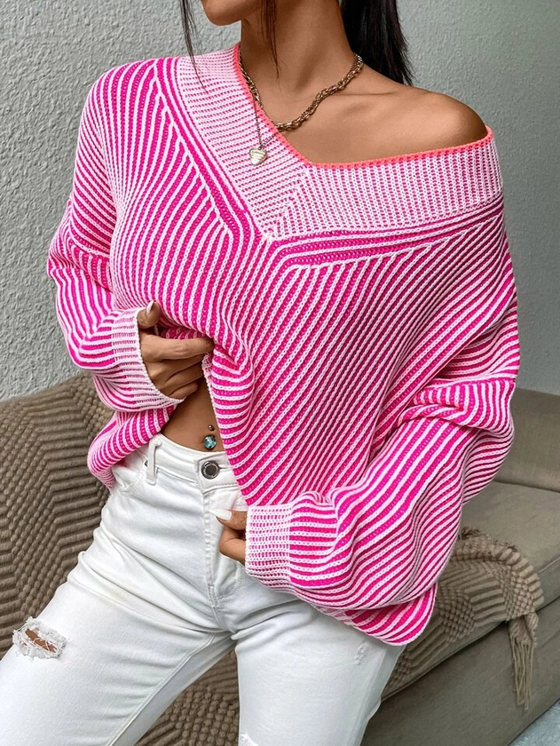 SHEIN Privé Vertical Stripe Pattern Drop Shoulder Sweater