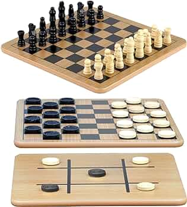 Regal Games - Reversible Wooden Board for Chess, Checkers & Tic-Tac-Toe - 24 Interlocking Wooden Checkers and 32 Standard Chess Pieces - for Age 8 to Adult for Family Fun