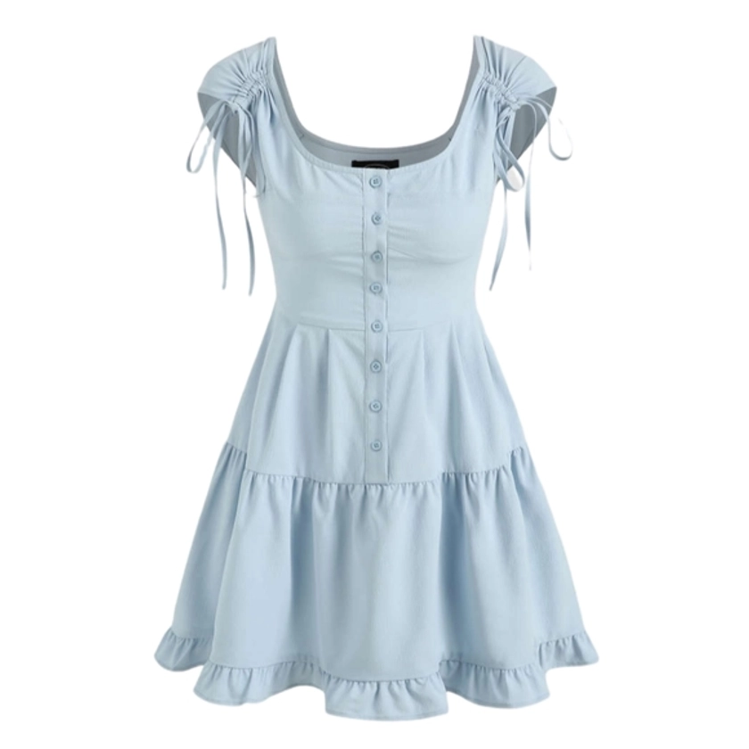 CIDER Fit & Flare Button Up Tiered Mini Dress Ruffle Hem Sky Blue M 6